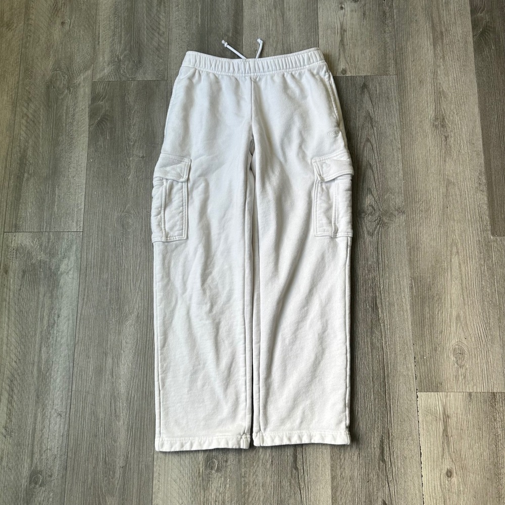 TNA Aritzia White Cargo Sweatpants Sweatfleece Mega Fit XS Baggy open hem